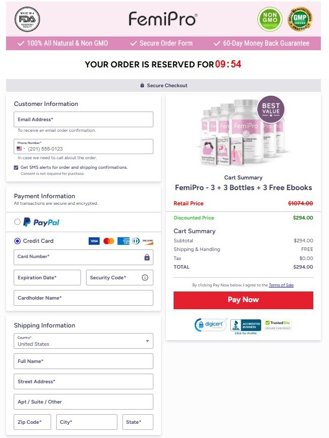 FemiPro Official Website Secure Order Page